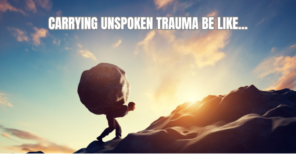 A man carrying a giant boulder on his own up a mountain representing carrying Unspoken Trauma.