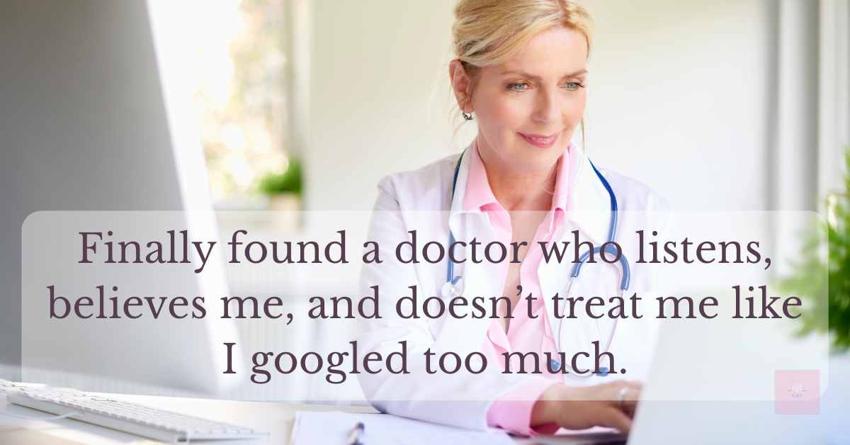 A soft-lit image of a blonde female doctor smiling at a laptop. Overlaid text reads: “Finally found a doctor who listens, believes me, and doesn’t treat me like I googled too much.” The tone is warm, validating, and deeply relatable.