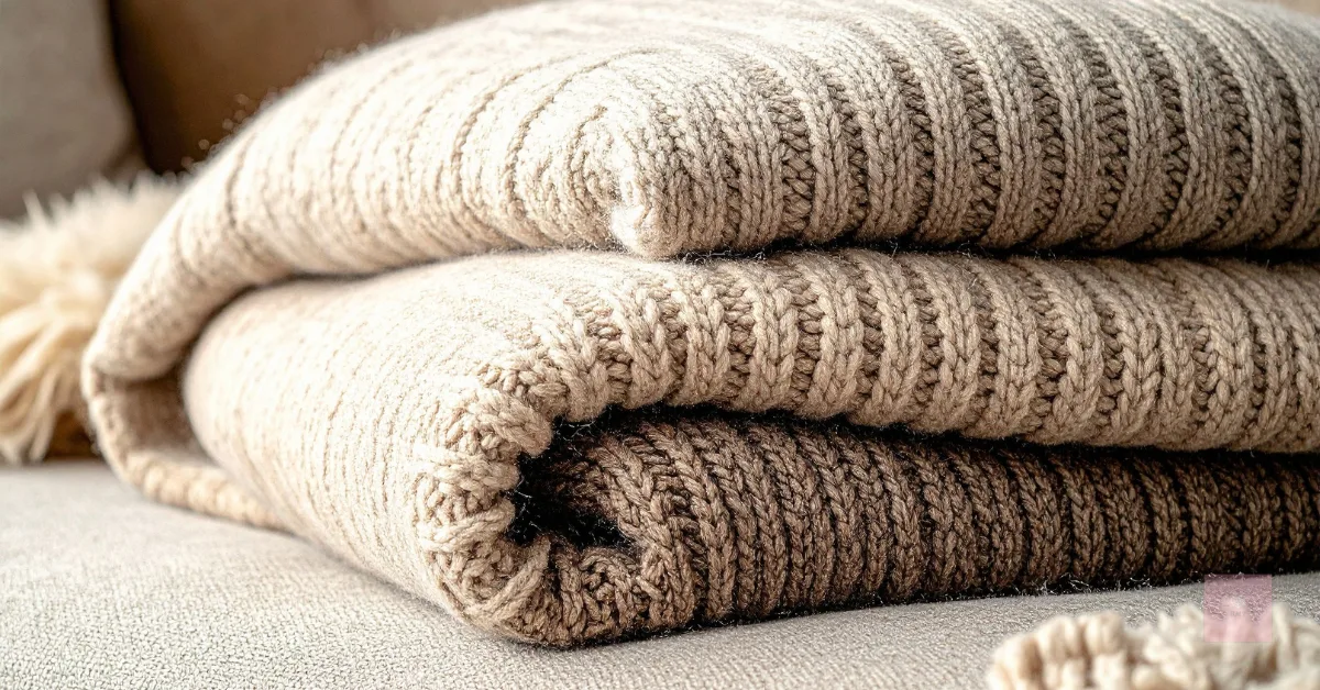 A close-up of two cozy, folded knit blankets in warm neutral tones, one tan and one brown, resting on a beige couch with a soft texture and a blurred pom-pom pillow in the background.