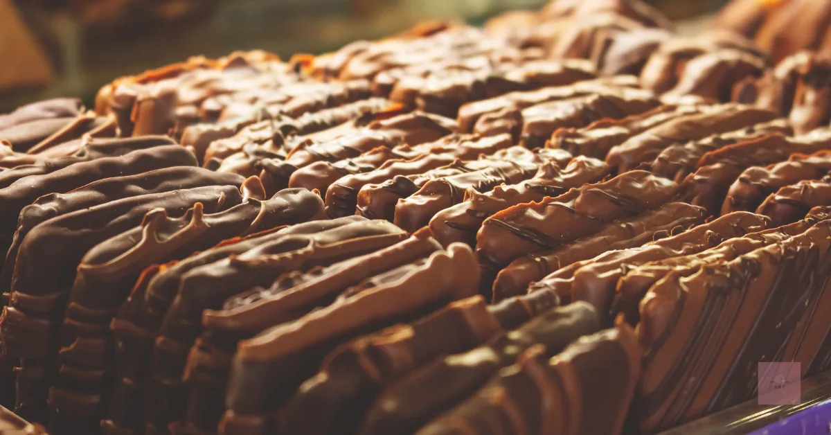A tray of rich chocolate-covered graham crackers lined up in rows, each topped with thick ribbons of drizzled chocolate. The lighting gives the scene a warm, indulgent glow.