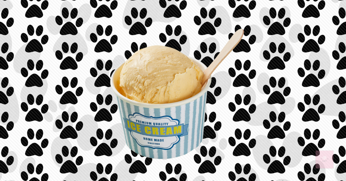A scoop of vanilla ice cream in a blue and white striped cup labeled “ice cream” with a small wooden spoon. A white background with black and grey paw prints