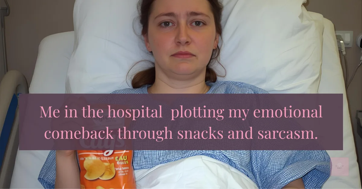 A woman in a hospital bed holding a bag of chips with a blank, slightly pained expression—equal parts done with everything and deeply committed to snack-based survival.