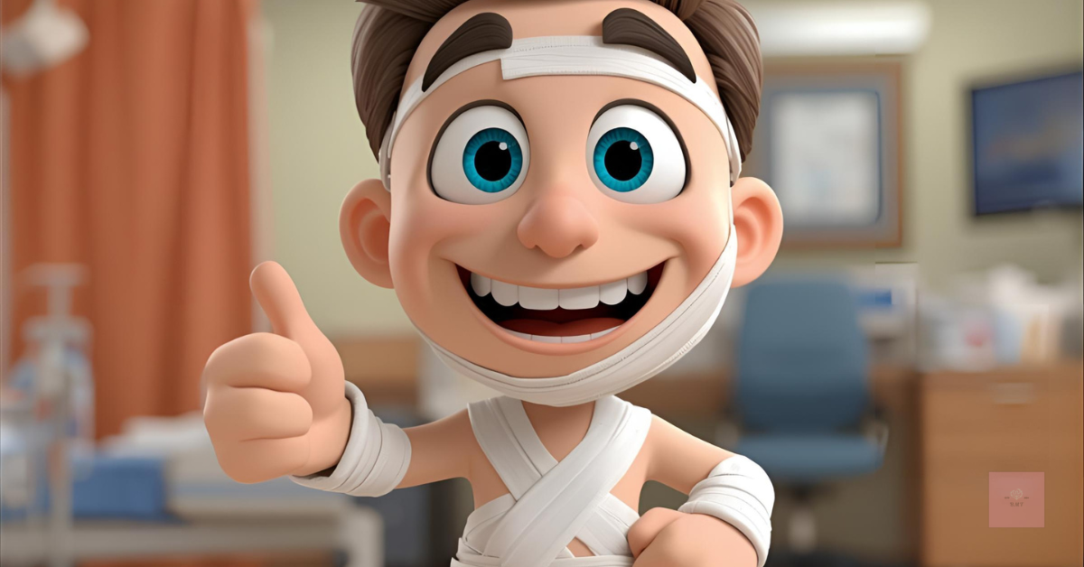 A smiling animated character covered in bandages giving a big thumbs-up.