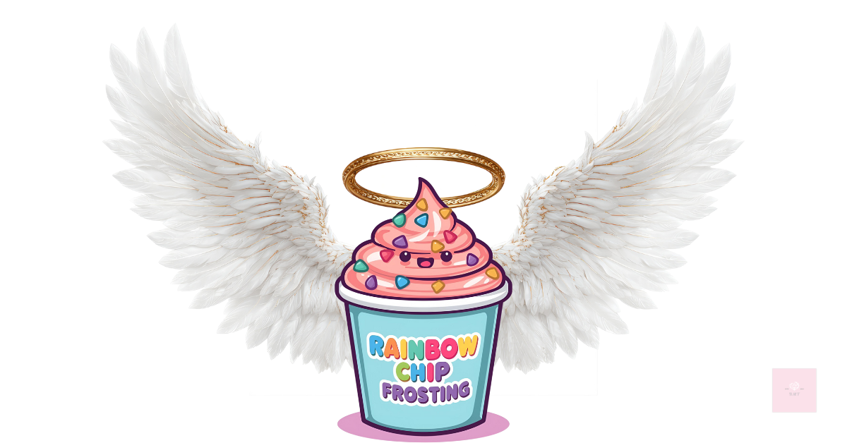 A cartoon tub of rainbow chip frosting with angel wings and a glowing gold halo.
