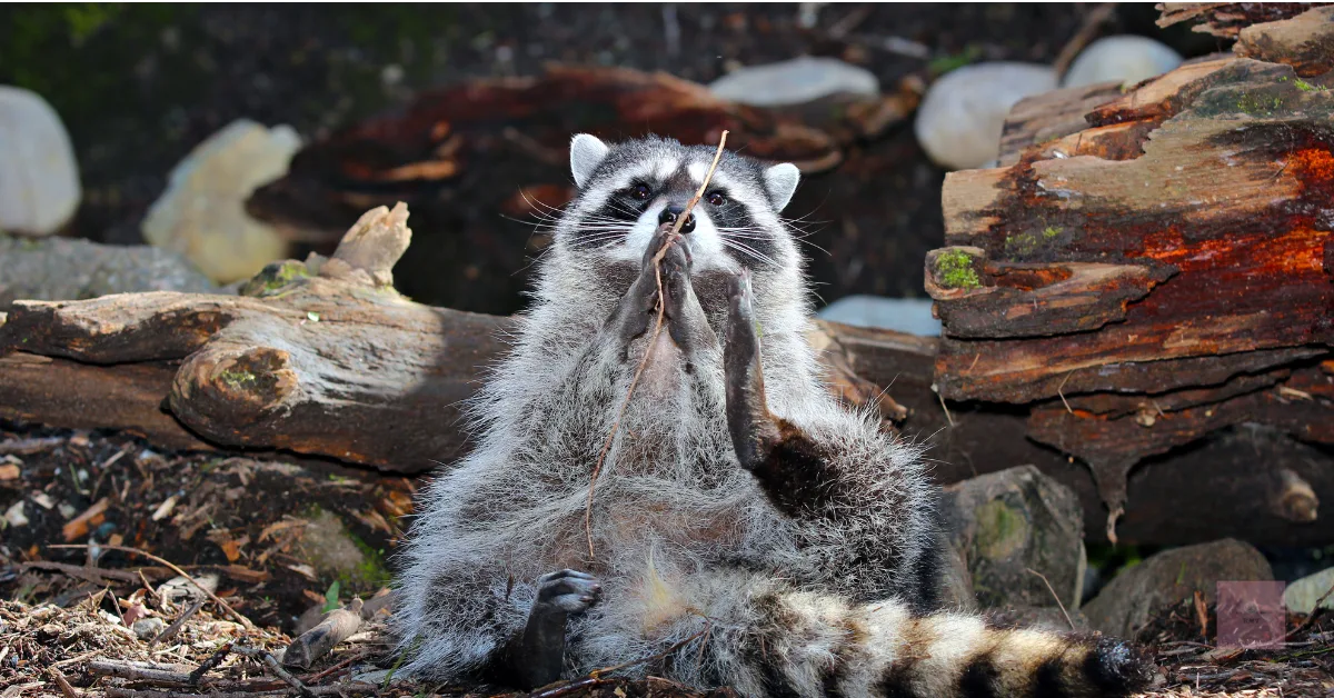 A raccoon sitting upright holding a small stick and staring at it reverently.