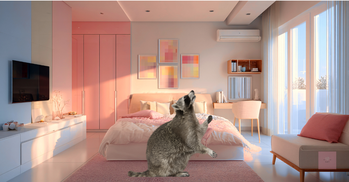 A raccoon standing upright in a cozy pink-toned bedroom, looking upward as if yelling toward the ceiling.