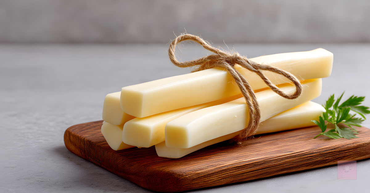 A tidy bundle of string cheese tied with twine on a wooden board like a gentle gift.